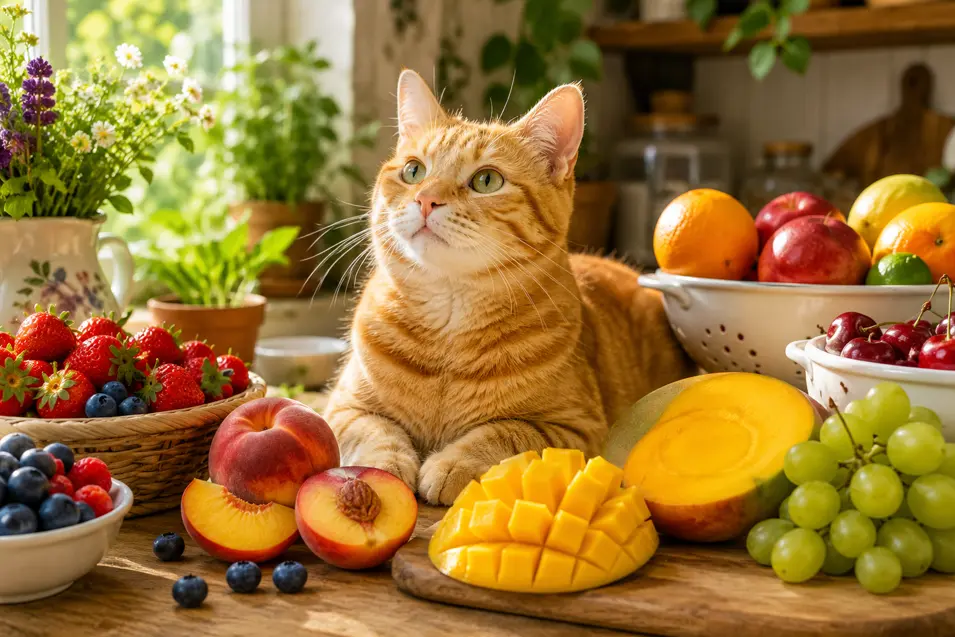 Orange tabby cat surrounded by colorful fresh fruit in a bright, sunlit kitchen.