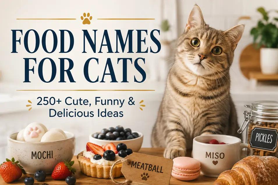 Tabby cat in a cozy kitchen surrounded by food-inspired names like Mochi, Meatball, Miso and Pickles.