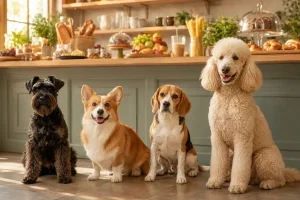 Four dogs sit inside a sunlit café kitchen with breads, fruit, pastries, pasta, and herbs displayed on a counter behind them.