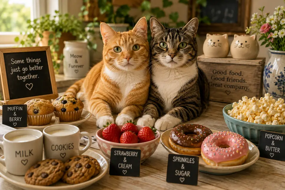 Two cats pose beside a cozy spread of cookies, milk, strawberries, donuts, muffins, and popcorn.