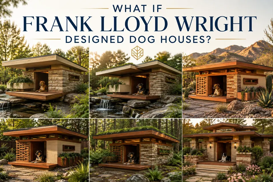 Six Frank Lloyd Wright-inspired dog houses reimagine Prairie, Usonian, woodland, desert and estate architecture for dogs.