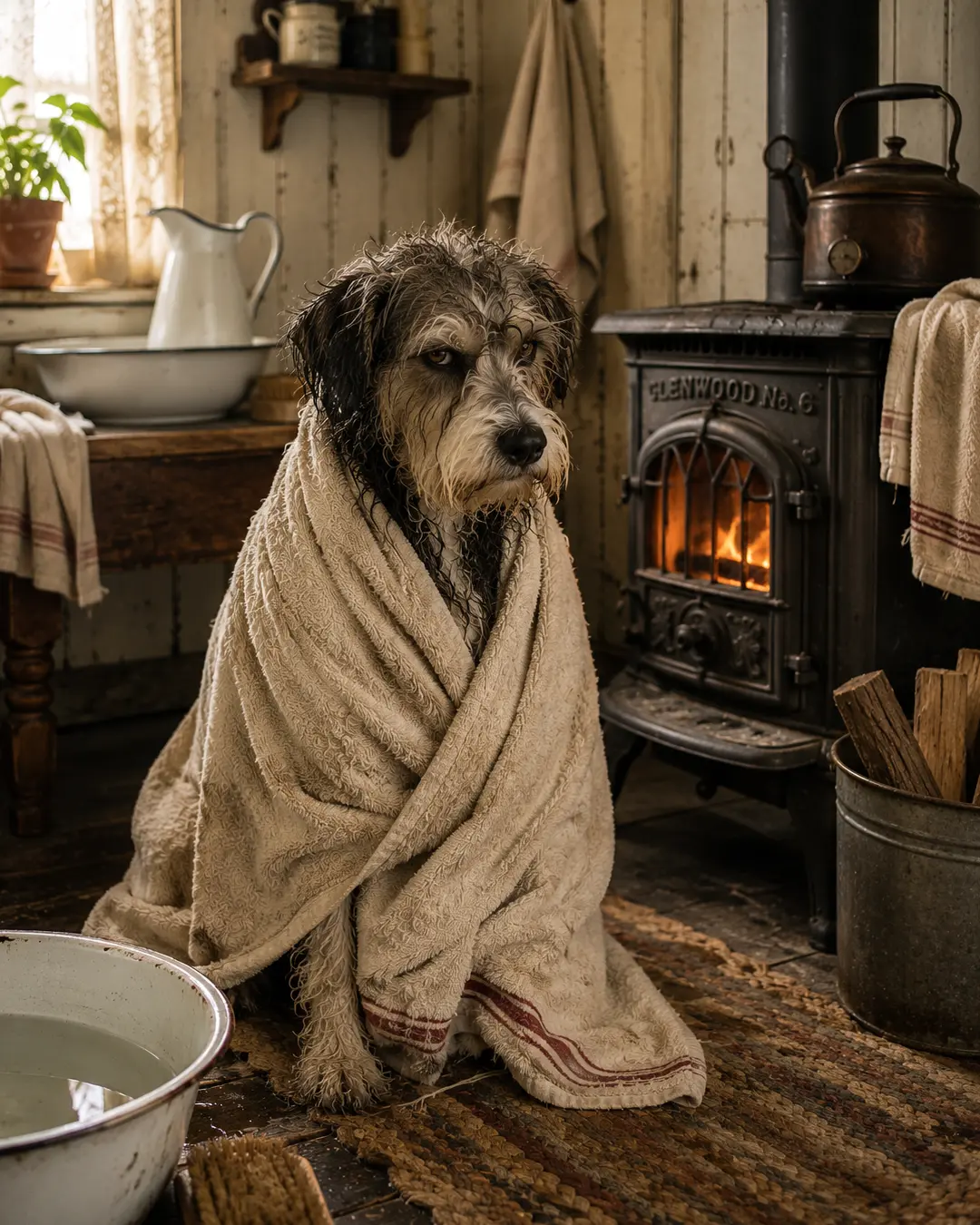A freshly bathed shaggy dog sits wrapped in a cozy towel beside a glowing wood stove in a charming vintage washroom.