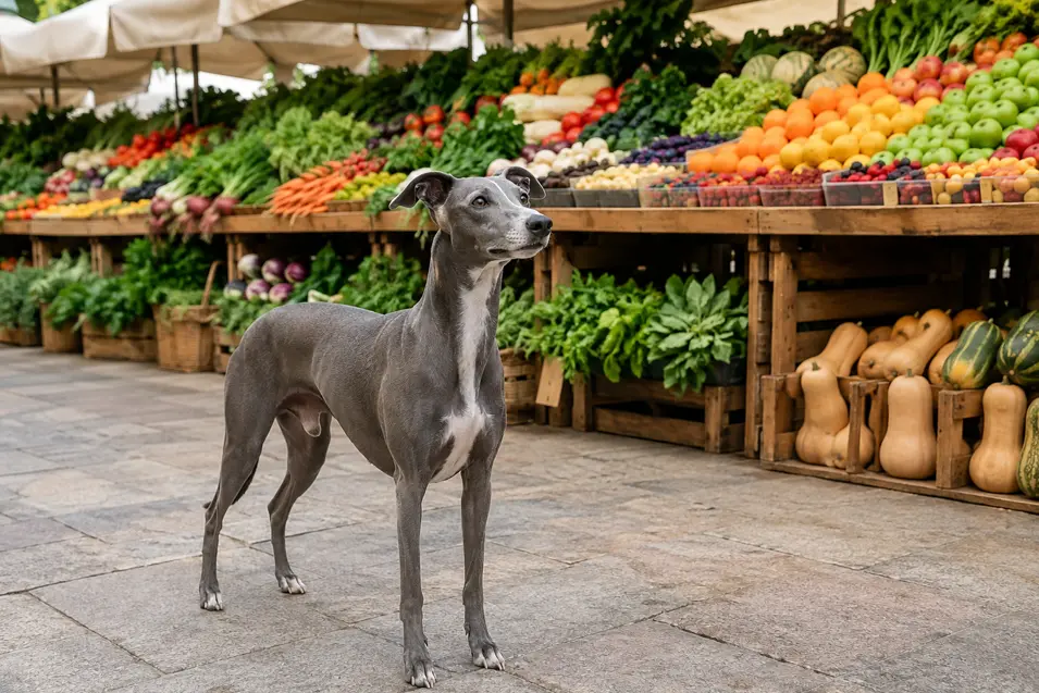 A sleek greyhound stands alert at an outdoor market surrounded by colorful displays of fresh fruit, vegetables and leafy greens.