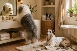Three dogs enjoy a sunlit spa bathroom: a shaggy dog at the vanity, a robed Greyhound relaxing, and a Boston Terrier peeking from a towel basket.
