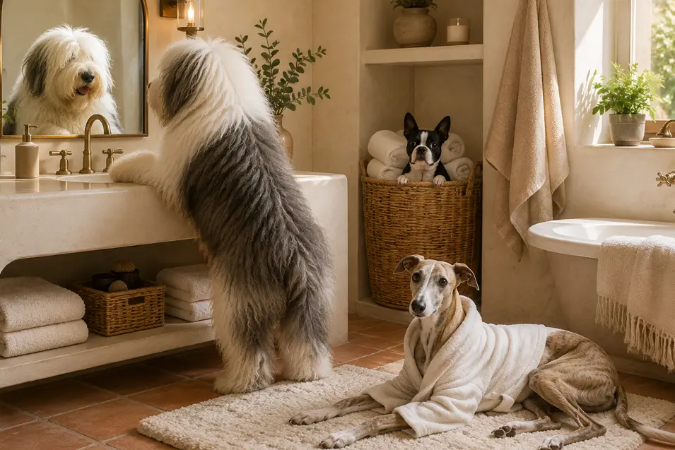 Three dogs enjoy a sunlit spa bathroom: a shaggy dog at the vanity, a robed Greyhound relaxing, and a Boston Terrier peeking from a towel basket.