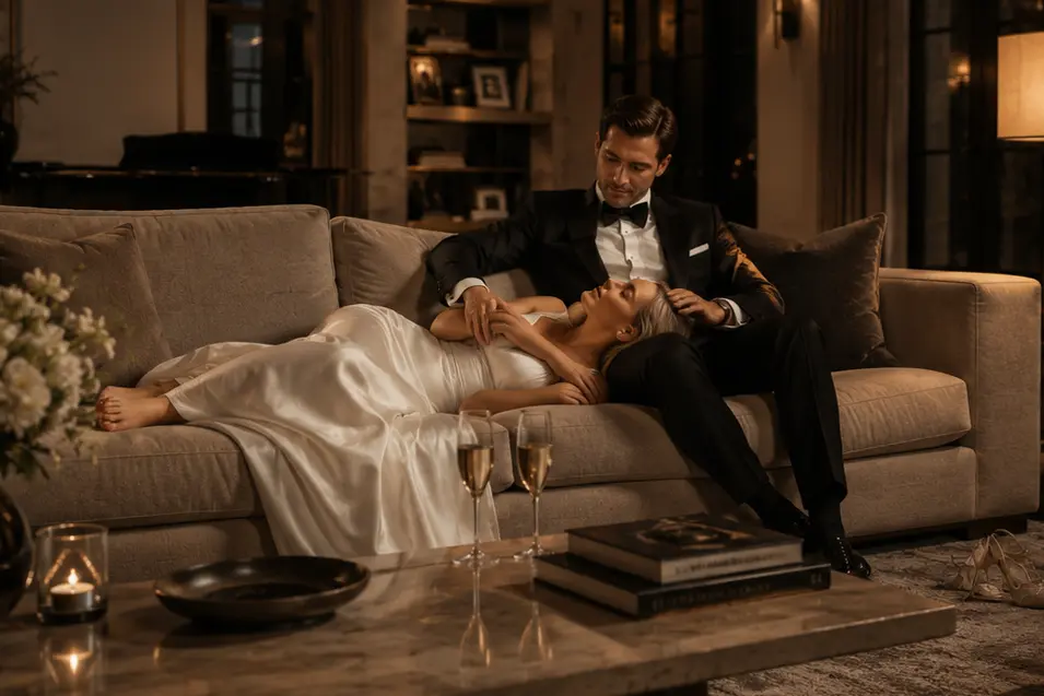 An elegantly dressed couple relaxes by the fire while their dog sleeps nearby in a sophisticated, warmly lit living room.