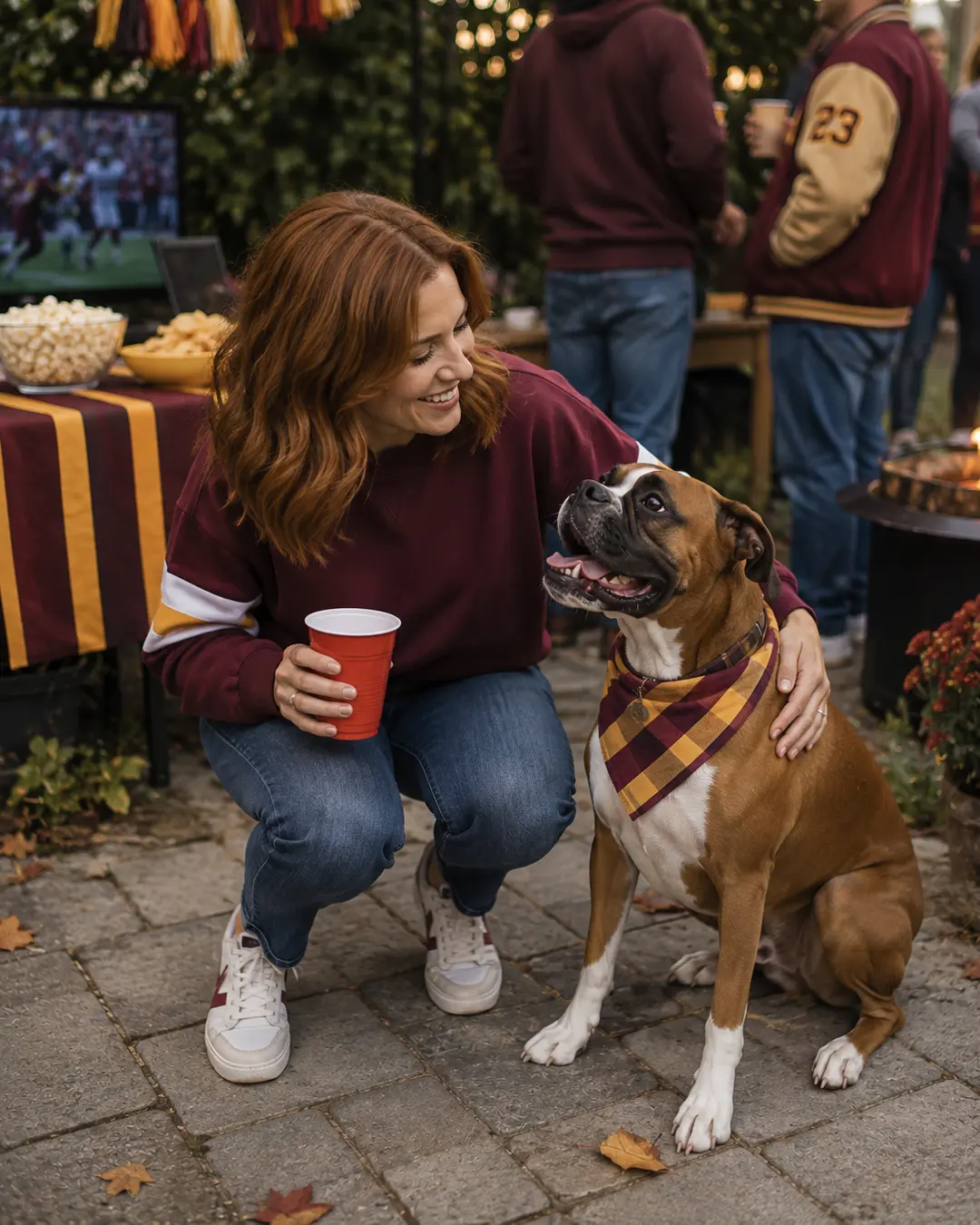 A woman in team colors enjoys a festive football watch party with her dog, who wears a matching burgundy-and-gold bandana.