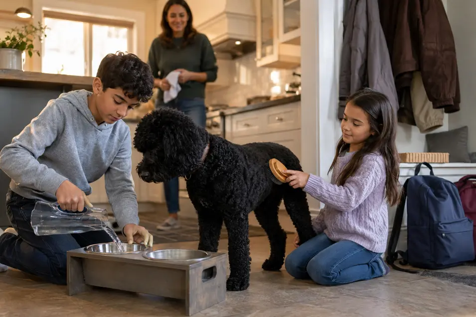 Two children help care for their dog after school by refilling its water and gently brushing its coat as their mother supervises.