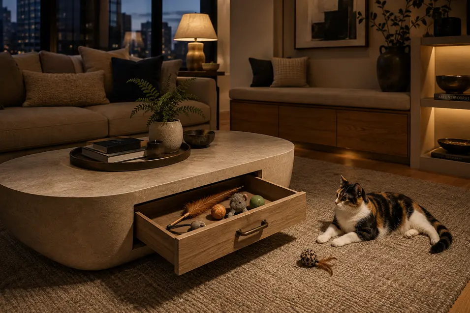 Cozy modern living room at dusk with warm lighting, a clever coffee-table toy drawer, and a calico cat relaxing beside its favorite toys.