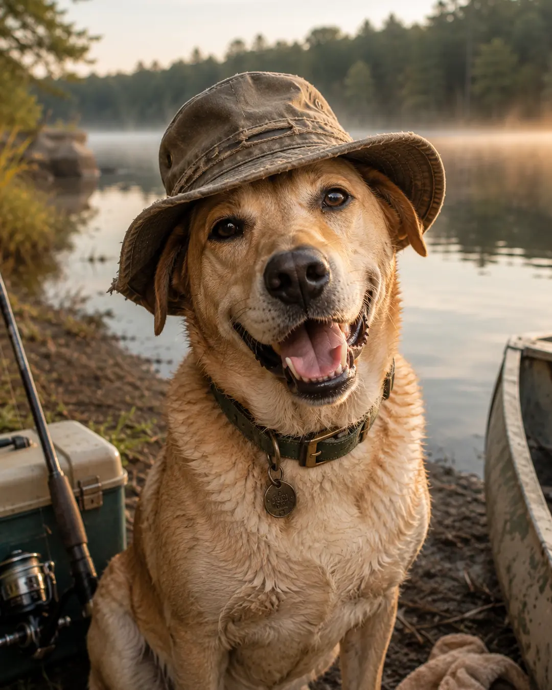 A cheerful dog in a weathered fishing hat sits beside a peaceful misty lake with fishing gear and a canoe nearby.