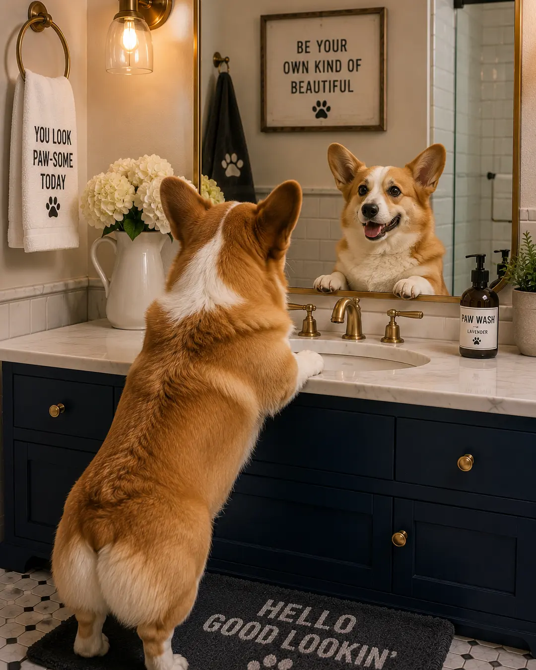 Corgi admires its reflection at a stylish bathroom vanity, surrounded by playful paw-themed décor and an encouraging “beautiful” sign.