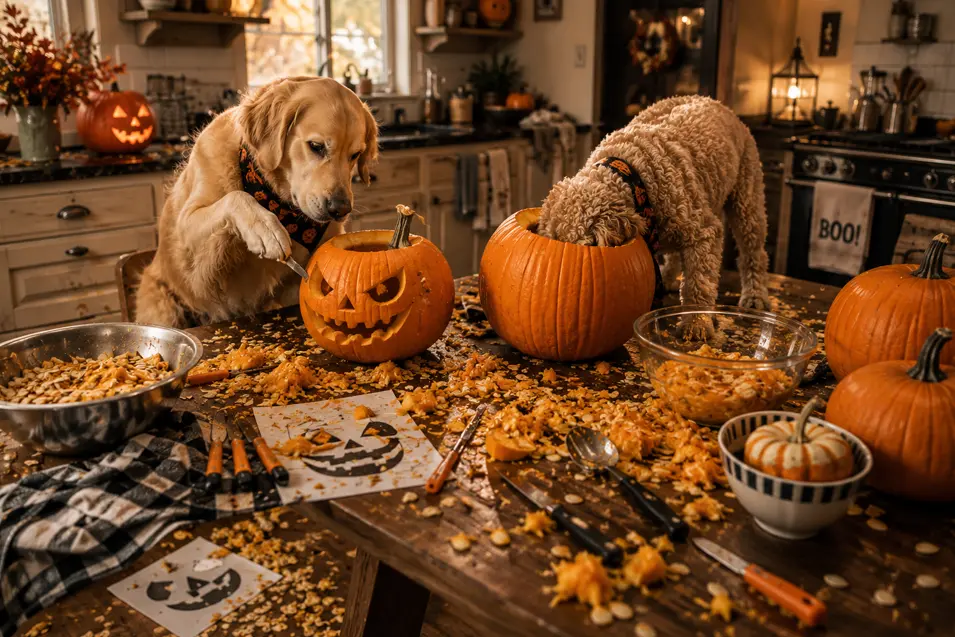 Two dogs tackle pumpkin carving in a warm Halloween kitchen, leaving behind an impressive mess of seeds, pulp and jack-o’-lanterns.