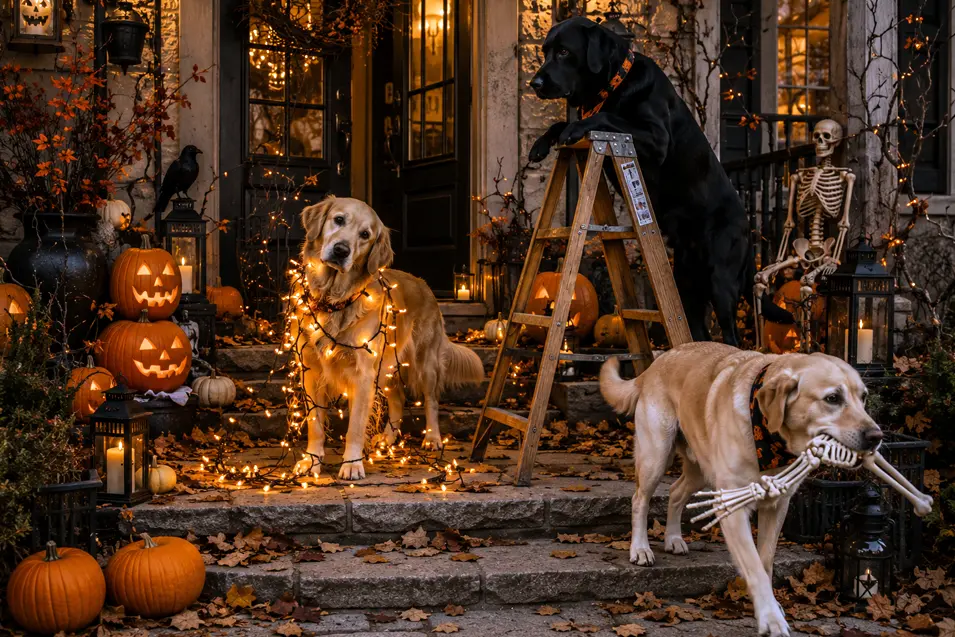 Dogs decorate their front porch for Halloween with glowing pumpkins, tangled lights and one skeleton that may not survive the preparations.