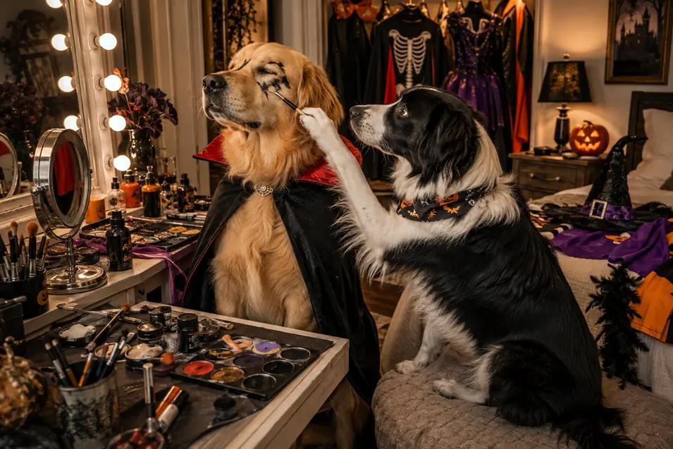 One dog patiently gets Halloween makeup from another as costumes, capes and spooky accessories await their final decision.