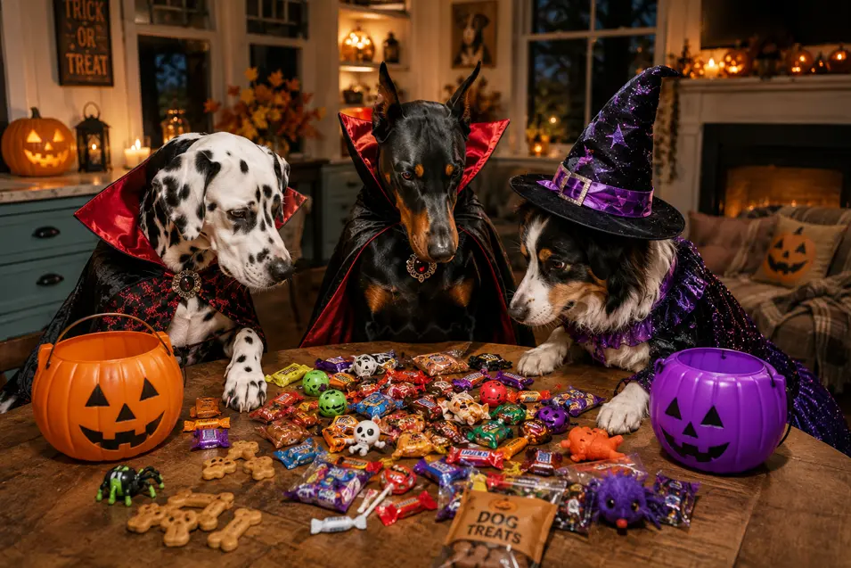 Three costumed dogs inspect their Halloween haul, sorting through a table overflowing with colourful candy and dog-friendly treats.