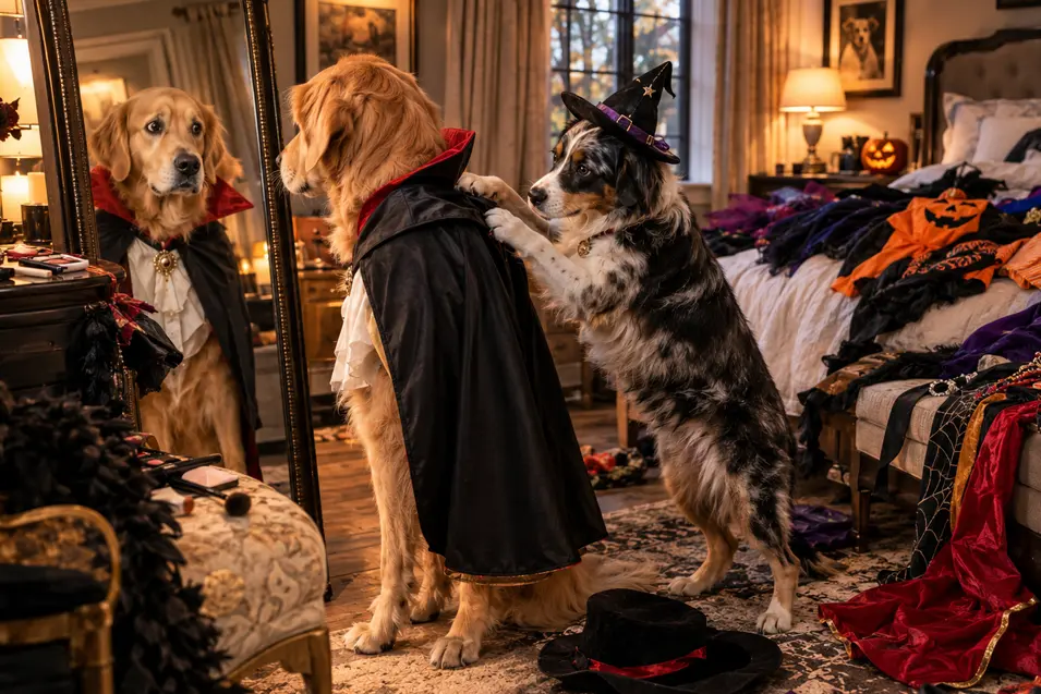 A witchy dog helps a friend into his vampire cape as the pair choose Halloween costumes in a bedroom overflowing with spooky possibilities.