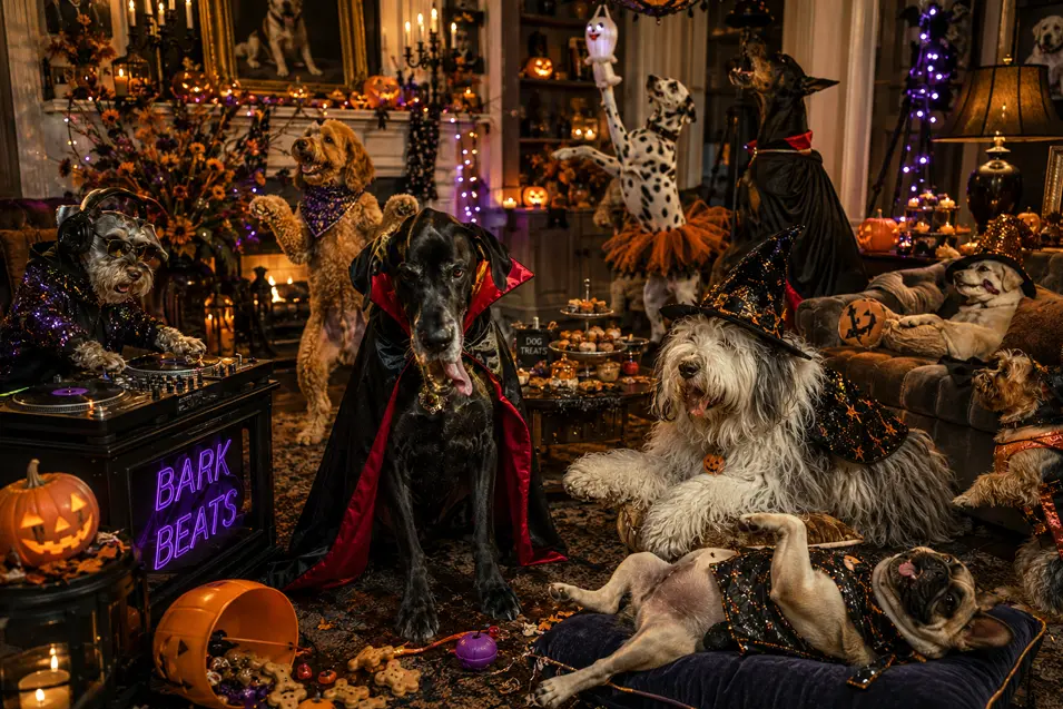 Costumed dogs throw the ultimate Halloween party with a canine DJ, dancing, treats, glowing pumpkins and plenty of spooky chaos.