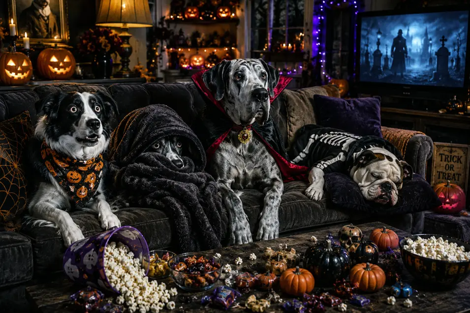 Costumed dogs settle in for a spooky Halloween movie night with popcorn, treats and pumpkins—though not everyone makes it through the film.