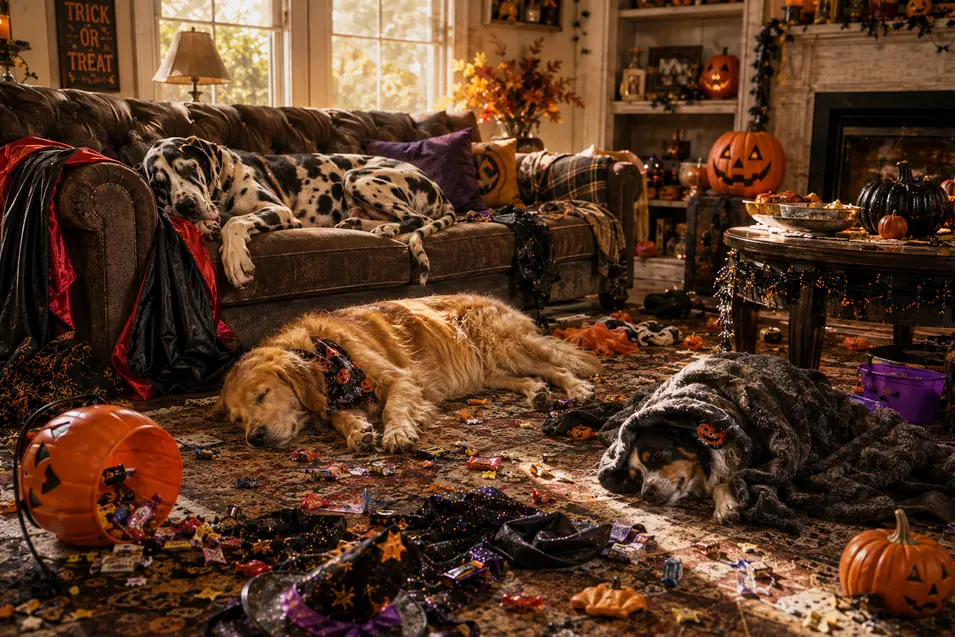 Three exhausted dogs sleep off their Halloween adventures amid scattered costumes, candy and pumpkins after a very long night.