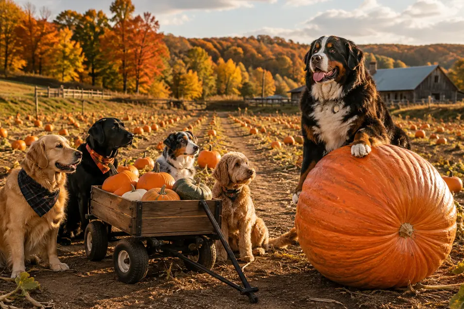 Dogs explore a golden autumn pumpkin patch, where one proud pup has clearly chosen the biggest pumpkin on the farm.