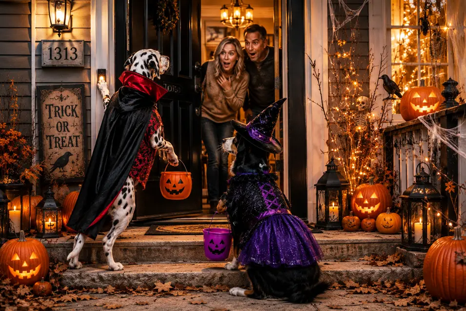 Two costumed dogs arrive for trick-or-treating as delighted homeowners discover a vampire and witch waiting at their Halloween door.