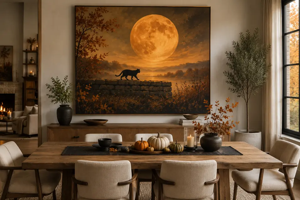 A black cat crosses a stone wall beneath a glowing harvest moon in this dramatic artwork, anchoring a warm, elegant autumn dining room.