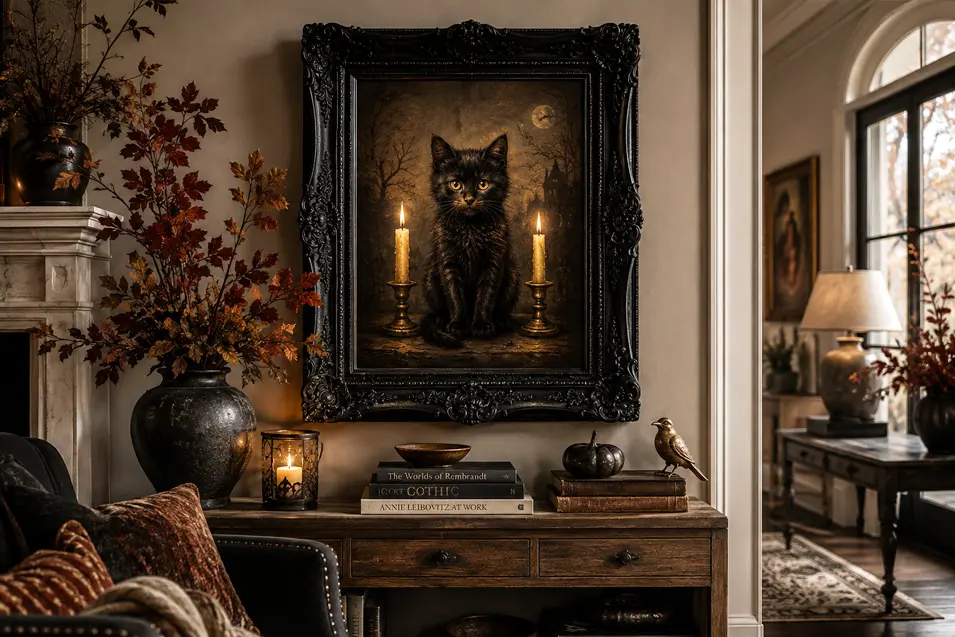 A black kitten framed by flickering candles creates an enchanting Gothic Halloween portrait in a richly layered, sophisticated interior.