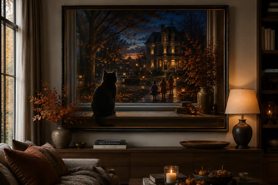 A black cat watches trick-or-treaters approach a glowing Victorian home in a richly atmospheric Halloween night scene.