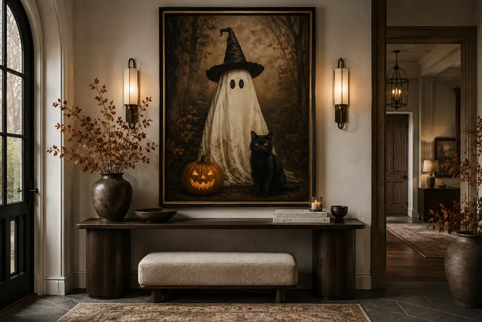 A refined entryway featuring dramatic Halloween art of a witch-hat ghost and black cat, styled with warm lighting and autumn branches.