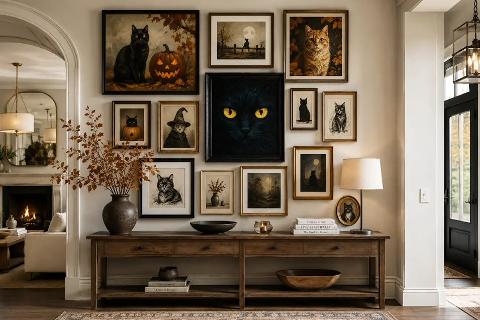 A curated gallery wall of mysterious cats, pumpkins and moonlit scenes creates an elegant Halloween focal point above a rustic console.