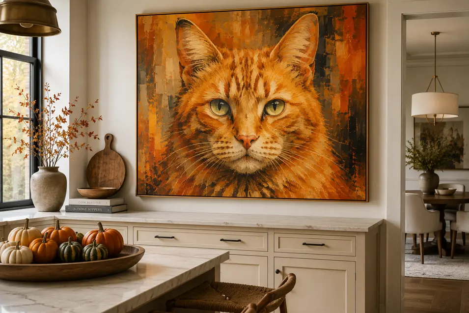A bold orange cat portrait brings vivid autumn colour and personality to a bright, sophisticated kitchen decorated with pumpkins.