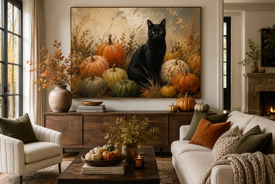 A black cat surrounded by autumn pumpkins stars in a dramatic oil painting above a warm, beautifully styled modern living room.