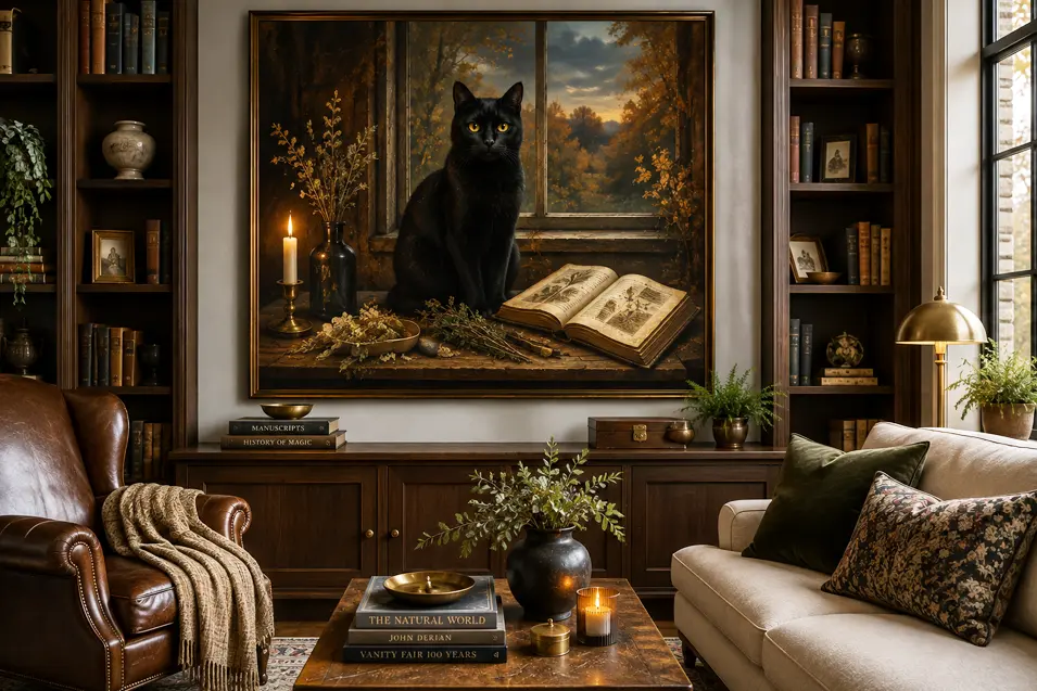 A mysterious black cat sits beside an ancient book and candle in a moody portrait, perfectly suited to this sophisticated, library-inspired room.
