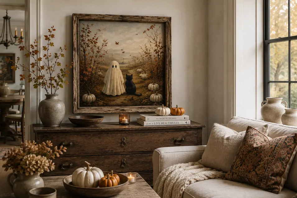 A cozy autumn living room with rustic wood furniture, pumpkins and a charming framed painting of a little ghost and black cat.