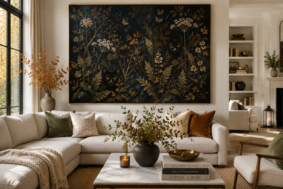 Two black cats hide among lush botanical foliage in a dramatic oversized artwork, adding mystery to a bright, sophisticated living room.