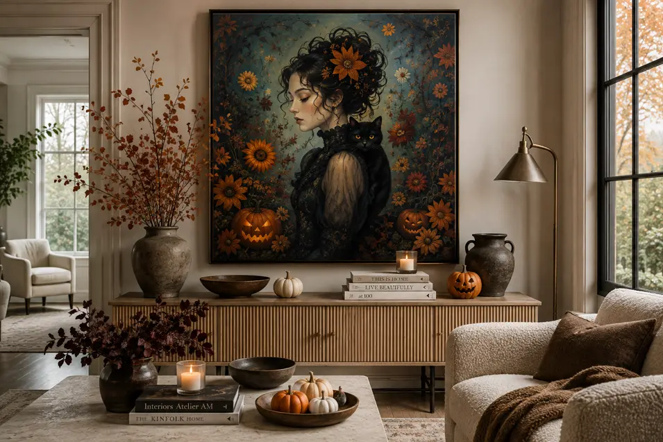 An elegant autumn living room featuring dramatic Halloween artwork of a woman with a black cat, surrounded by pumpkins and seasonal florals.
