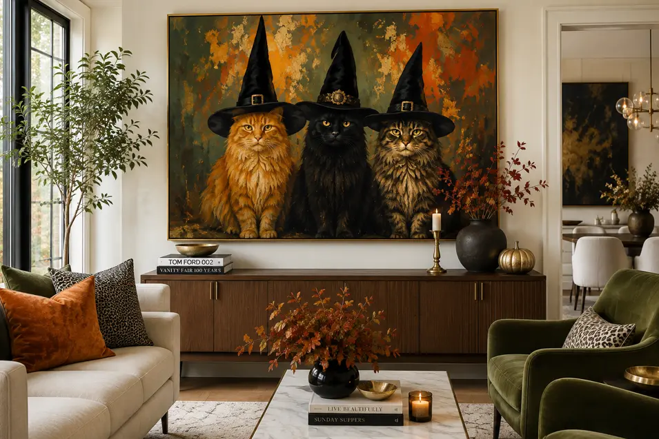 Three cats in oversized witch hats star in a bold Halloween portrait, bringing playful drama to a sophisticated, autumn-inspired living room.