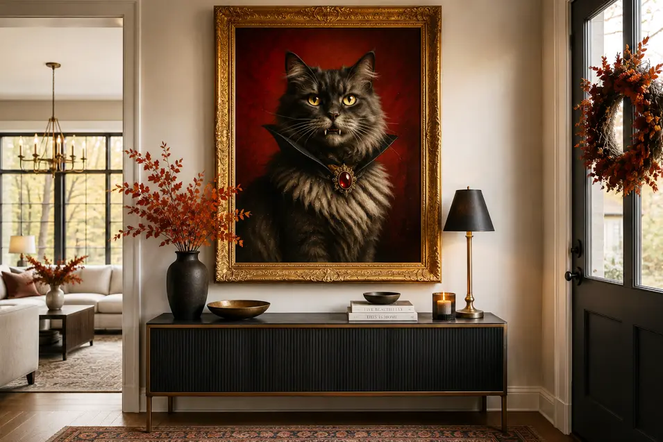 A regal vampire cat with tiny fangs and a jeweled collar commands attention in an ornate portrait above a sophisticated autumn entryway.