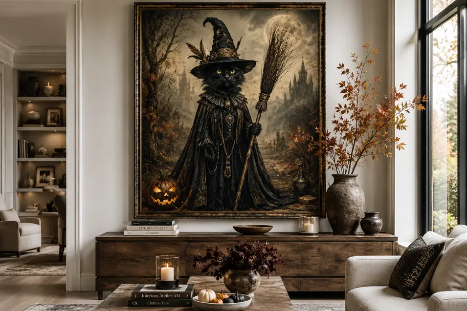 A black cat dressed as an elegant witch poses with a broom and jack-o’-lantern in a dramatic portrait displayed in a sophisticated living room.
