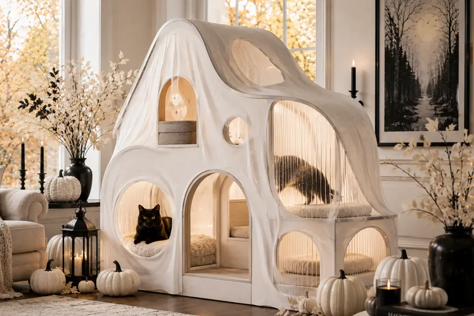 A sculptural white ghost-inspired cat house features glowing hideaways, curved walls and cozy sleeping spaces for an elegant Halloween retreat.