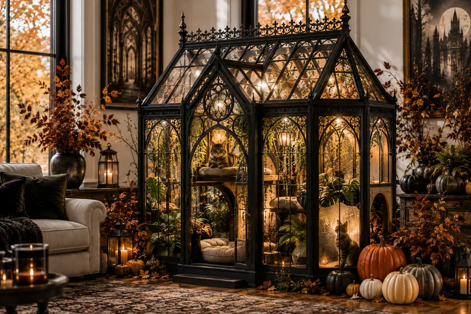 A Gothic glasshouse cat retreat combines ornate black framing, lush greenery and cozy perches for an elegant, enchanting Halloween hideaway.