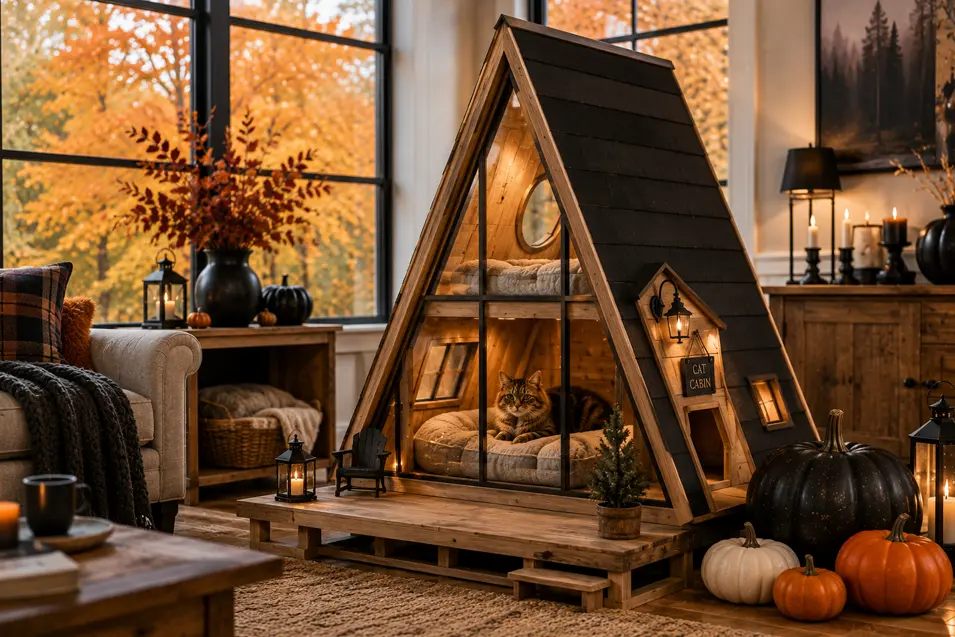 A cozy A-frame cat cabin with warm wood, glass walls and plush sleeping spaces creates a stylish autumn retreat surrounded by pumpkins.