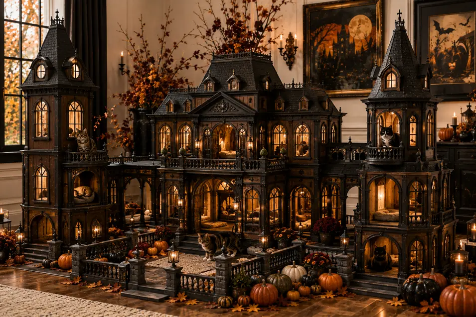 An extravagant Gothic cat mansion features glowing rooms, grand towers and elegant terraces, creating a spectacular Halloween retreat for cats.