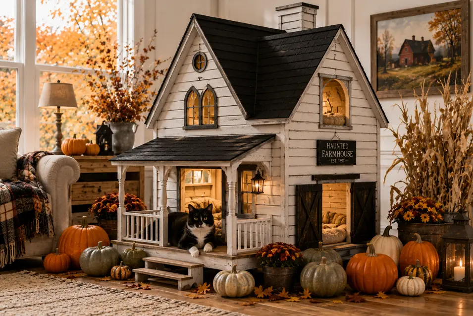 A charming haunted farmhouse cat house features a cozy porch, warm sleeping spaces and rustic autumn style surrounded by pumpkins.