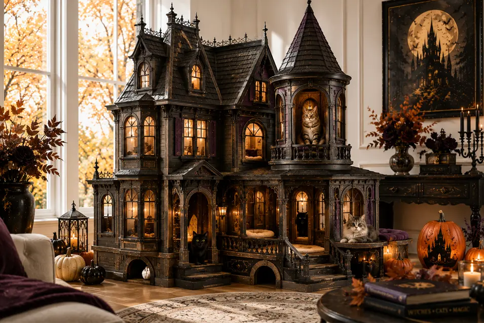 A grand Gothic mansion cat house with glowing windows, cozy rooms and tower perches creates an elegant Halloween retreat for cats.