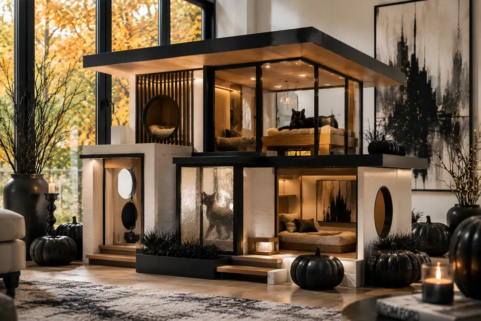 A modern architectural cat house pairs glass walls, warm wood and cozy sleeping spaces with sleek black Halloween décor.