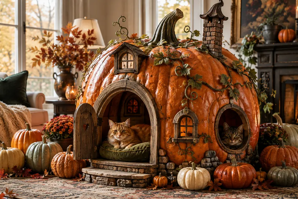 A whimsical pumpkin-shaped cat house features cozy sleeping spaces, rustic windows and climbing vines for an enchanting autumn retreat.