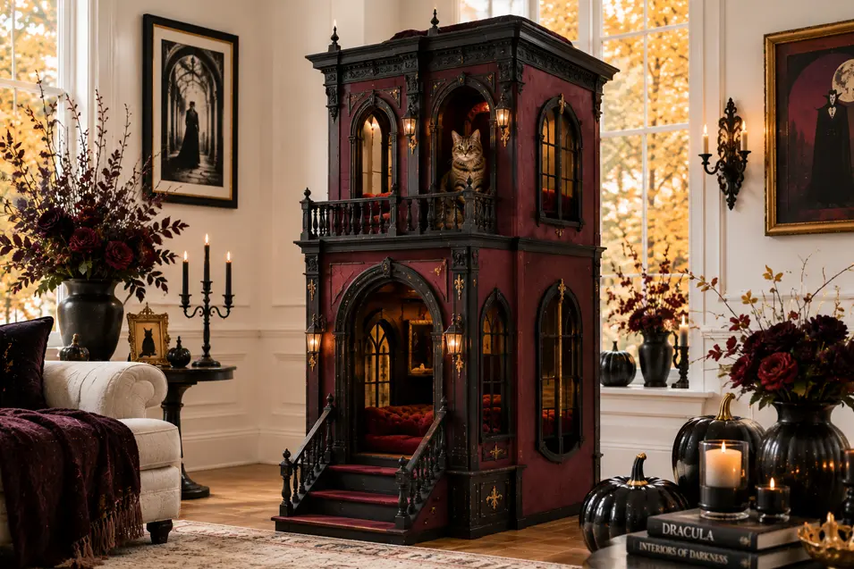 A luxurious burgundy Gothic cat house features arched windows, plush sleeping quarters and a dramatic balcony for an elegant Halloween retreat.