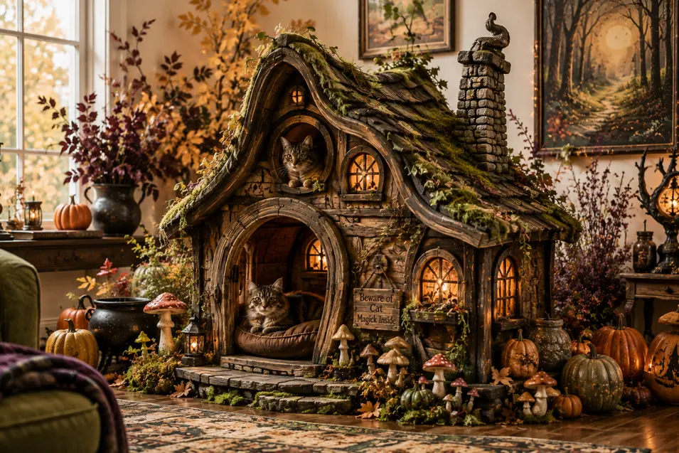 A magical woodland cat cottage with mossy roof, glowing windows and cozy hideaways creates an enchanting storybook retreat for cats.