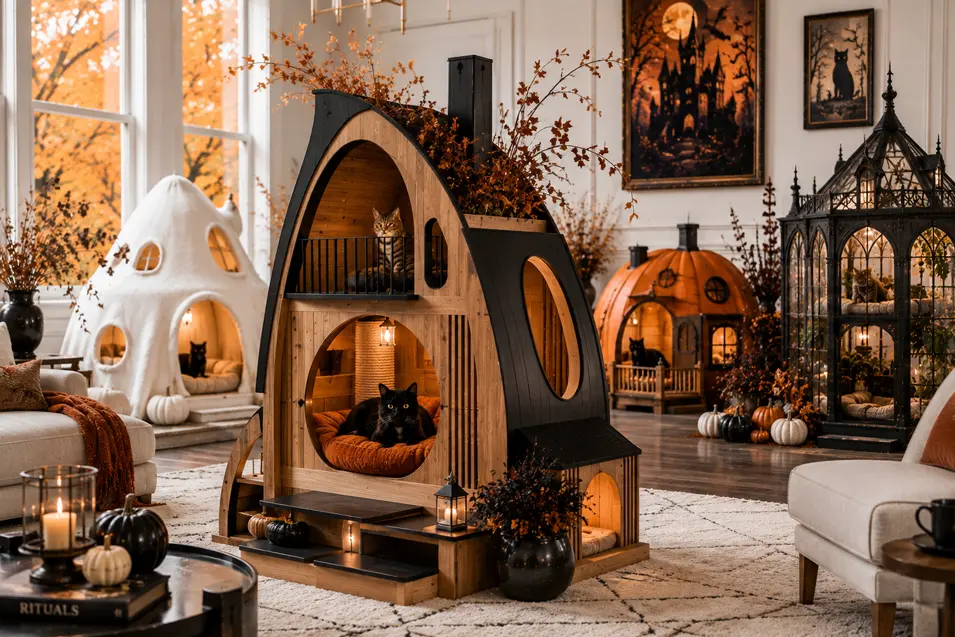 A modern wood cat house with curved architecture, cozy sleeping spaces and black accents brings playful Halloween style to a bright living room.